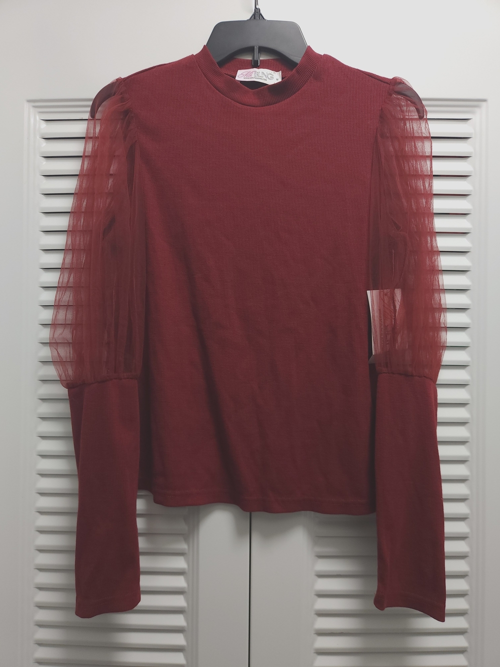 NWT MS BLING Burgundy Ribbed Top with Sheer Tulle Sleeves – Size M